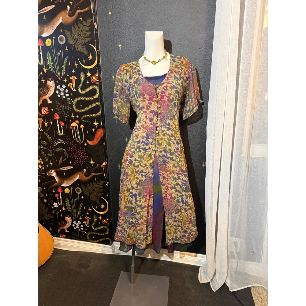 Lola P. Petite Womens Rayon Midi Dress Boho Tie Dye Gold Scrollwork PM India